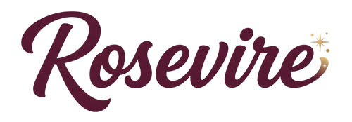 The brand name 'Rosevire' is displayed in a dark burgundy cursive font with a small gold crescent moon and sparkle graphic accent on the letter 'e', set against a solid white background.